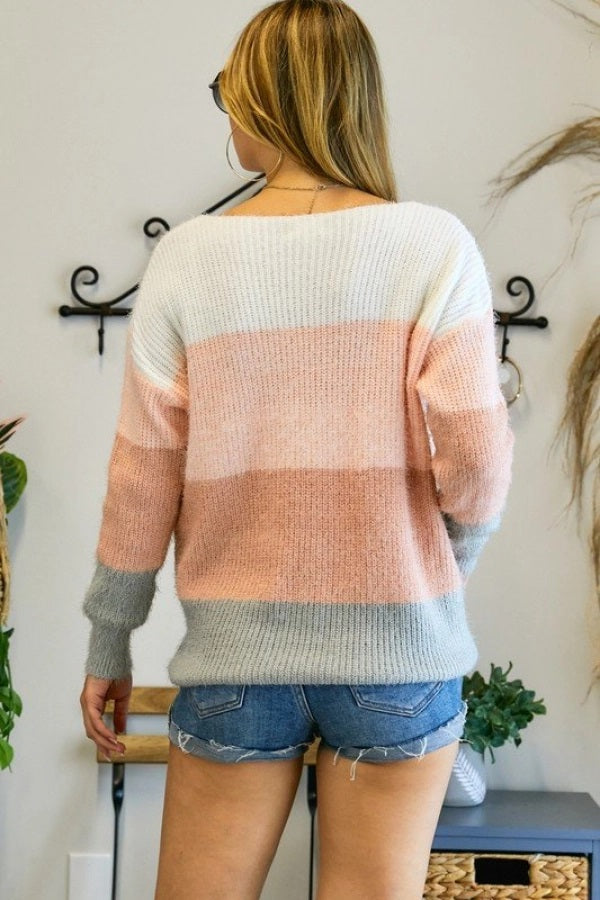 Adora Multi Color Block Fuzzy Knit Sweater-Sweaters-Adora-Deja Nu Boutique, Women's Fashion Boutique in Lampasas, Texas