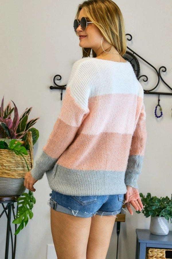 Adora Multi Color Block Fuzzy Knit Sweater-Sweaters-Adora-Deja Nu Boutique, Women's Fashion Boutique in Lampasas, Texas