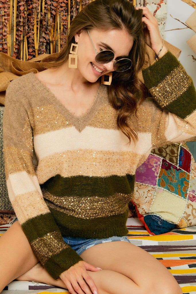 Adora Multi Colored Stripe Sweater With Sequins-Sweaters-Adora-Deja Nu Boutique, Women's Fashion Boutique in Lampasas, Texas