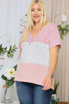 Adora Peach Floral And Leopard Color Block Top - Plus-Curvy/Plus Tops-Adora-Deja Nu Boutique, Women's Fashion Boutique in Lampasas, Texas