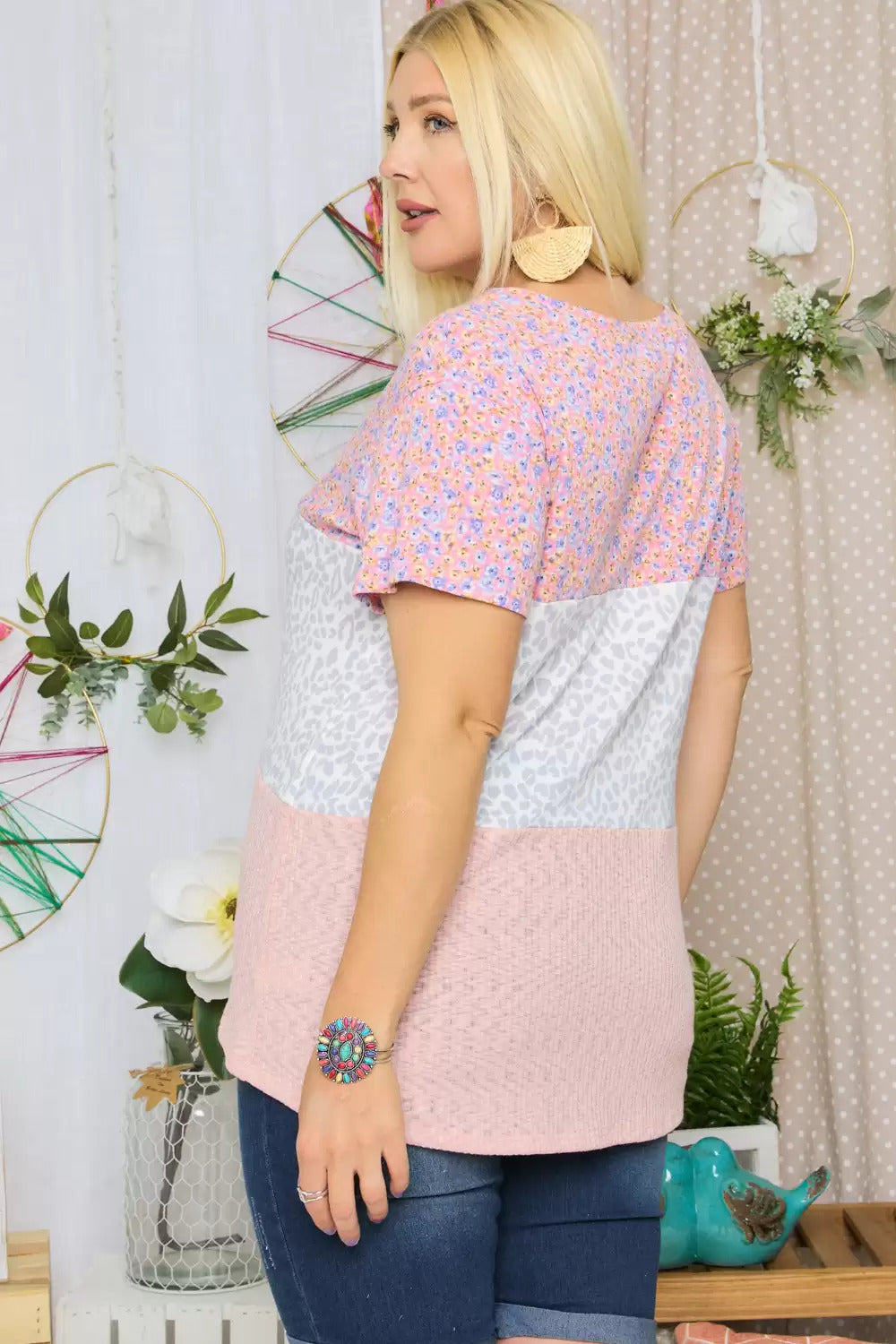 Adora Peach Floral And Leopard Color Block Top - Plus-Curvy/Plus Tops-Adora-Deja Nu Boutique, Women's Fashion Boutique in Lampasas, Texas