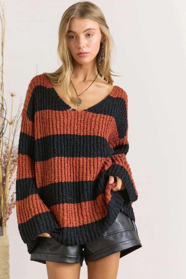 Adora Rust And Black Color Block Bell Sleeve Sweater-Sweaters-Adora-Deja Nu Boutique, Women's Fashion Boutique in Lampasas, Texas