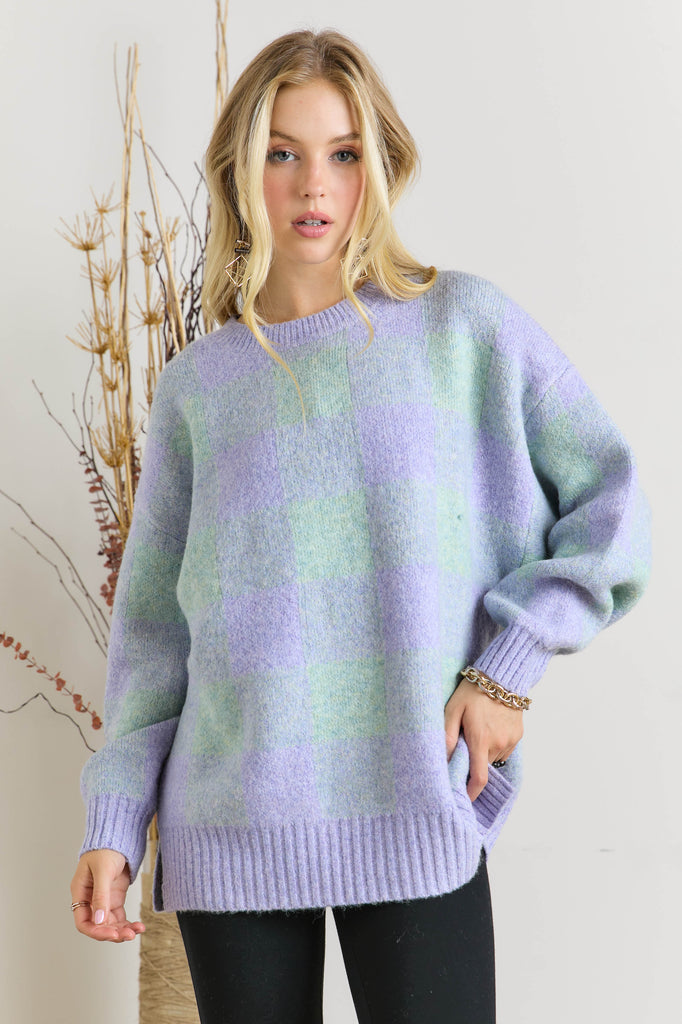 Adora Sage And Blue Check Tunic Sweater-Tunics-Adora-Deja Nu Boutique, Women's Fashion Boutique in Lampasas, Texas