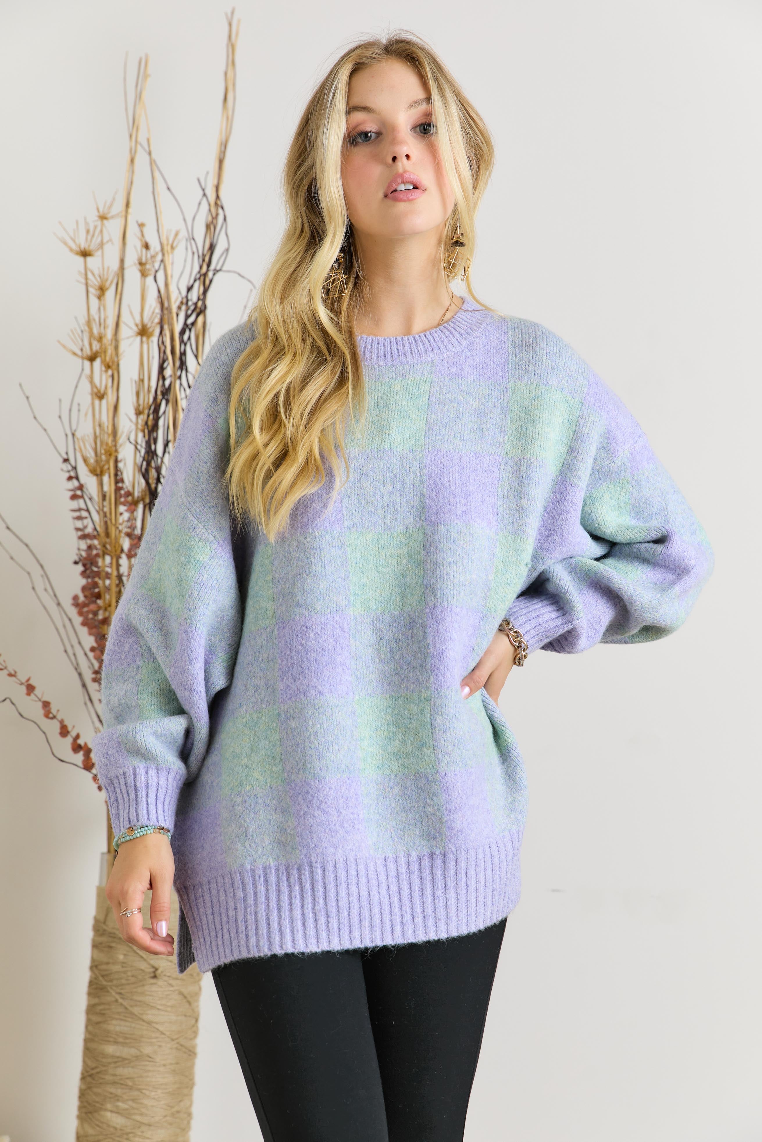 Adora Sage And Blue Check Tunic Sweater-Tunics-Adora-Deja Nu Boutique, Women's Fashion Boutique in Lampasas, Texas