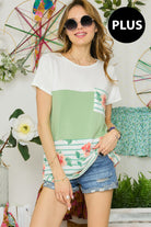 Adora Sage Stripe Floral Plus Tee-Curvy/Plus Tops-Adora-Deja Nu Boutique, Women's Fashion Boutique in Lampasas, Texas