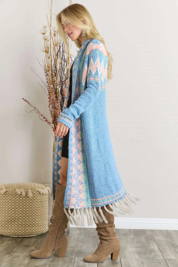 Adora Sky Blue Pastel Tassel Tribal Cardigan-Cardigans & Kimonos-Adora-Deja Nu Boutique, Women's Fashion Boutique in Lampasas, Texas