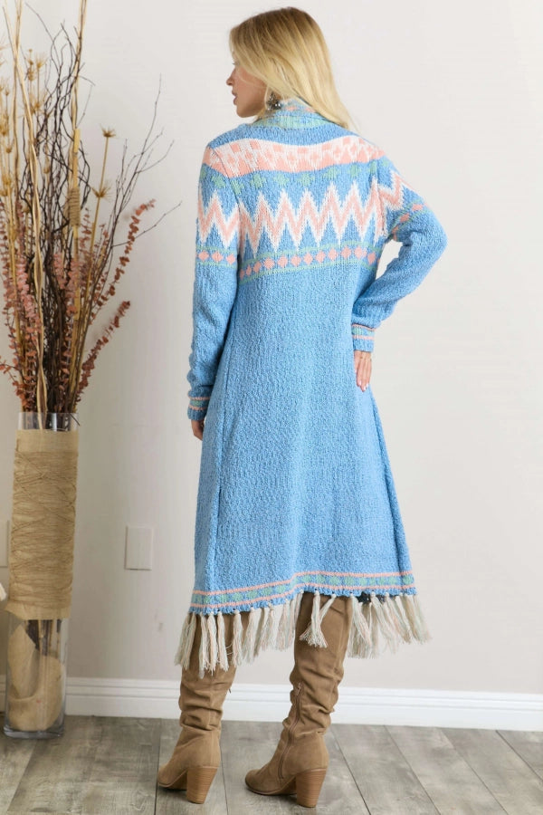 Adora Sky Blue Pastel Tassel Tribal Cardigan-Cardigans & Kimonos-Adora-Deja Nu Boutique, Women's Fashion Boutique in Lampasas, Texas