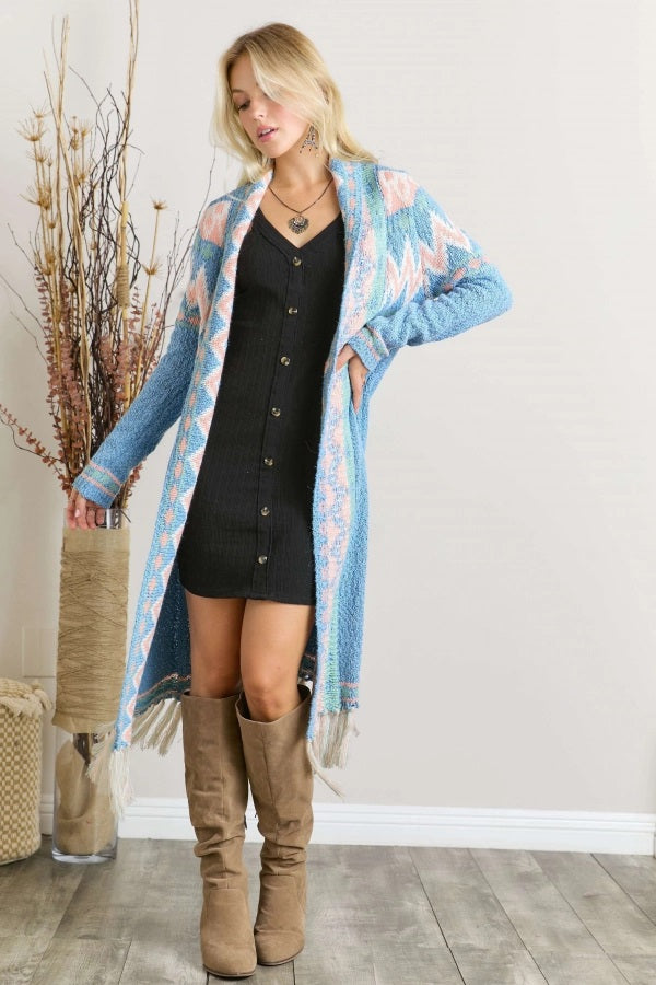 Adora Sky Blue Pastel Tassel Tribal Cardigan-Cardigans & Kimonos-Adora-Deja Nu Boutique, Women's Fashion Boutique in Lampasas, Texas
