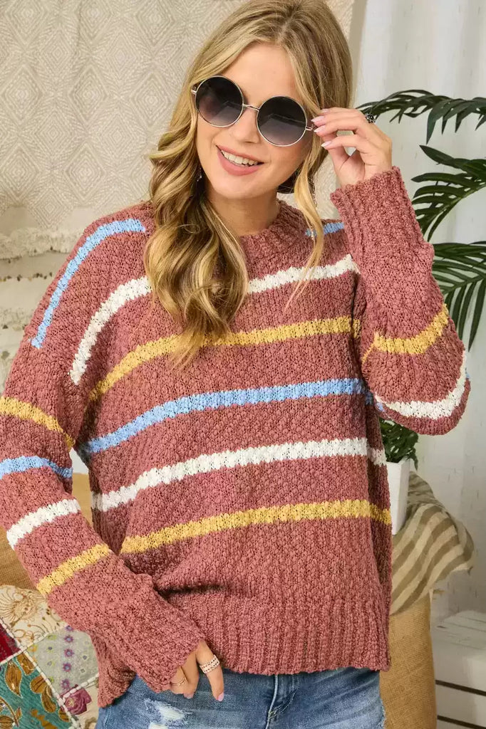 Adora Stripe Textured Crew Neck Sweater-Sweaters-Adora-Deja Nu Boutique, Women's Fashion Boutique in Lampasas, Texas