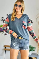 Adora Teal Aztec V Neck Long Sleeve Top-Long Sleeves-Adora-Deja Nu Boutique, Women's Fashion Boutique in Lampasas, Texas