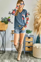 Adora Teal Aztec V Neck Long Sleeve Top-Long Sleeves-Adora-Deja Nu Boutique, Women's Fashion Boutique in Lampasas, Texas