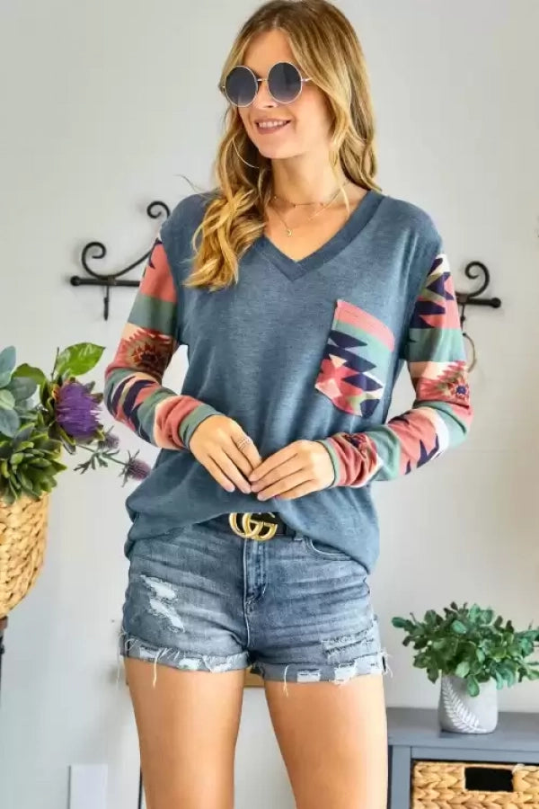 Adora Teal Aztec V Neck Long Sleeve Top-Long Sleeves-Adora-Deja Nu Boutique, Women's Fashion Boutique in Lampasas, Texas