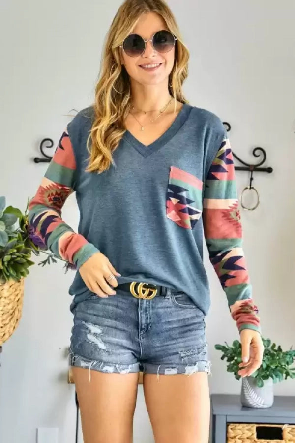 Adora Teal Aztec V Neck Long Sleeve Top-Long Sleeves-Adora-Deja Nu Boutique, Women's Fashion Boutique in Lampasas, Texas