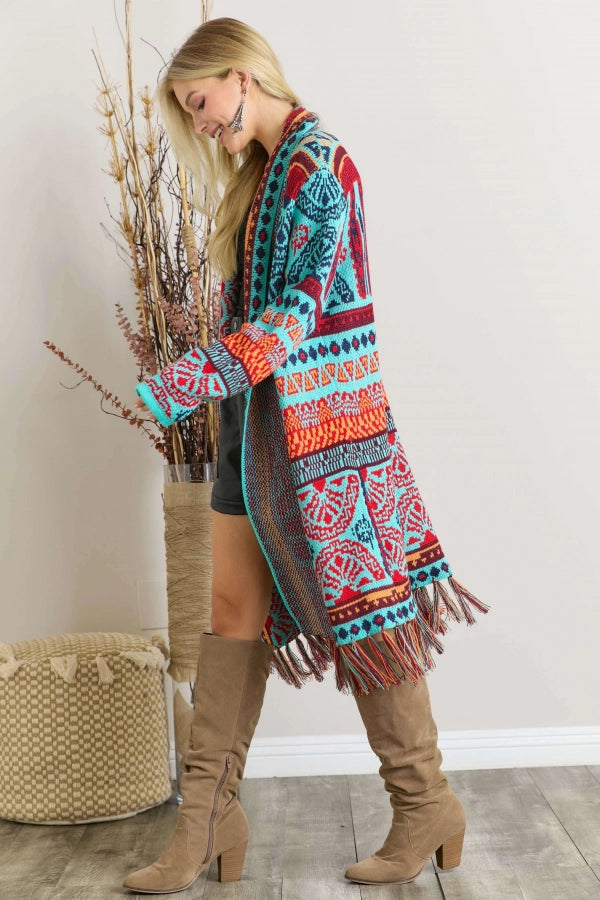 Adora Turquoise Tribal Pattern Fringe Hem Cardigan Plus-Curvy/Plus Cardigans & Kimonos-Adora-Deja Nu Boutique, Women's Fashion Boutique in Lampasas, Texas