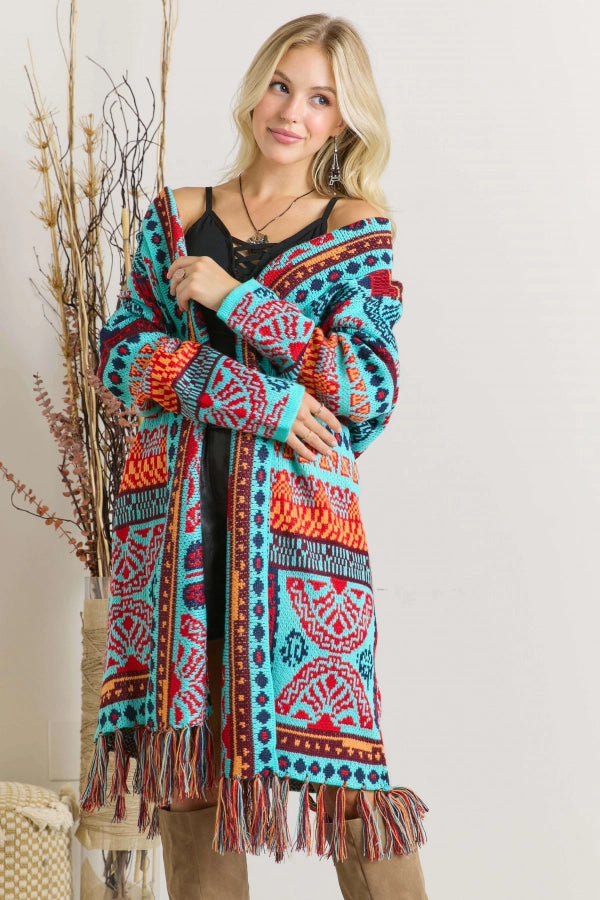 Adora Turquoise Tribal Pattern Fringe Hem Cardigan Plus-Curvy/Plus Cardigans & Kimonos-Adora-Deja Nu Boutique, Women's Fashion Boutique in Lampasas, Texas