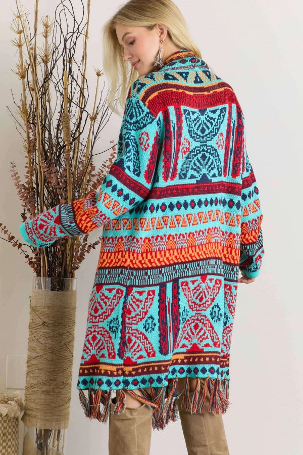 Adora Turquoise Tribal Pattern Fringe Hem Cardigan-Cardigans & Kimonos-Adora-Deja Nu Boutique, Women's Fashion Boutique in Lampasas, Texas