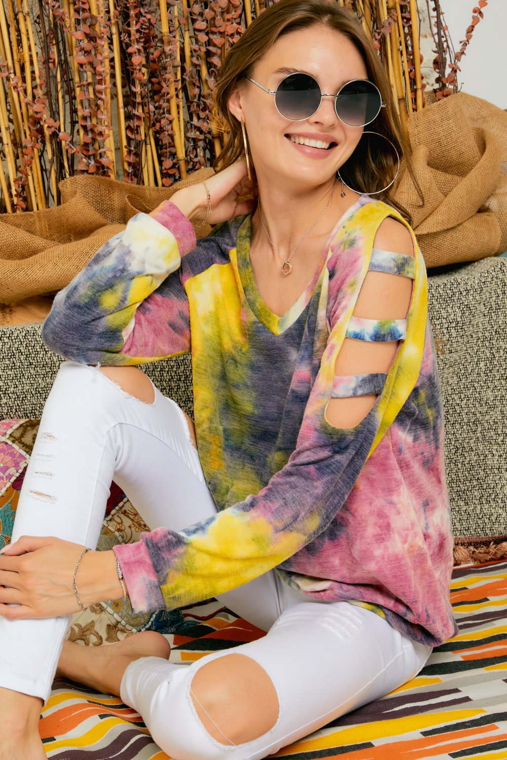 Adora Water Colored Tie Dye Cold Shoulder Tunic-Tunics-Adora-Deja Nu Boutique, Women's Fashion Boutique in Lampasas, Texas