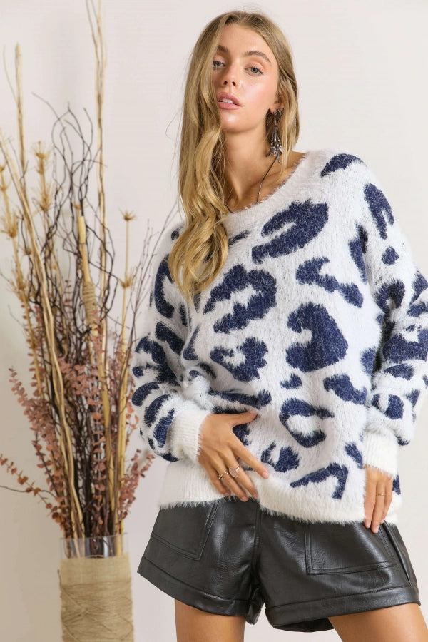 Adora White And Navy Leopard Print Crew Neck Sweater-Sweaters-Adora-Deja Nu Boutique, Women's Fashion Boutique in Lampasas, Texas