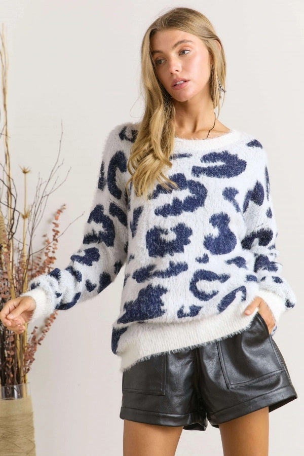 Adora White And Navy Leopard Print Crew Neck Sweater-Sweaters-Adora-Deja Nu Boutique, Women's Fashion Boutique in Lampasas, Texas