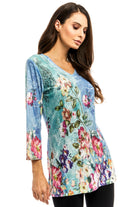 Adore Blue Green Floral V Neckline Tunic-Tunics-Adore-Deja Nu Boutique, Women's Fashion Boutique in Lampasas, Texas