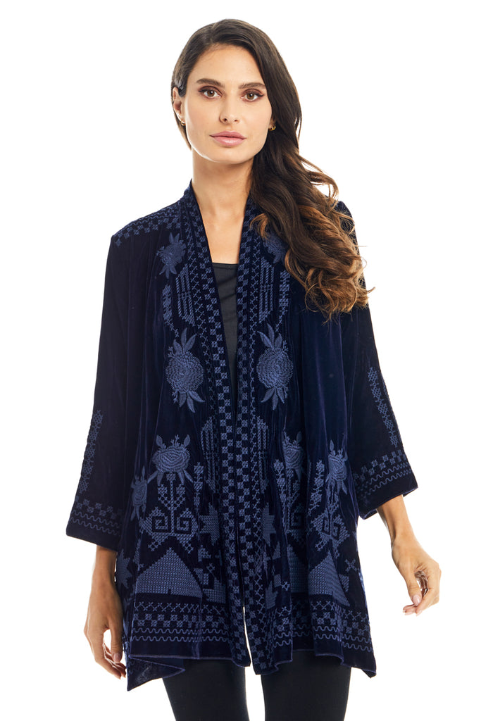 Adore Blue Velvet Embroidered Cardigan-Cardigans & Kimonos-Adore-Deja Nu Boutique, Women's Fashion Boutique in Lampasas, Texas