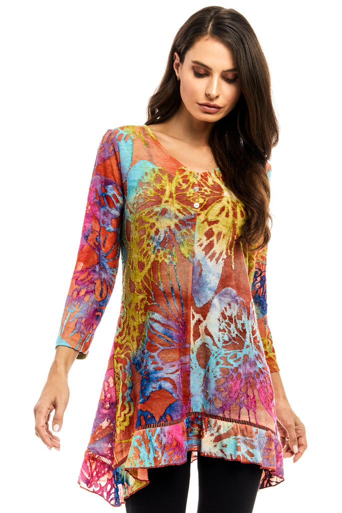 Adore Bright Butterfly Print V Neck Tunic With Buttons-Tunics-Adore-Deja Nu Boutique, Women's Fashion Boutique in Lampasas, Texas