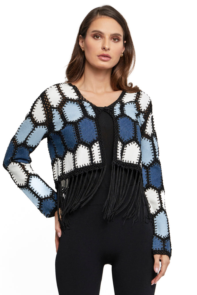 Adore Faux Suede Denim Patchwork Crochet Fringe Jacket-Jackets-Adore-Deja Nu Boutique, Women's Fashion Boutique in Lampasas, Texas