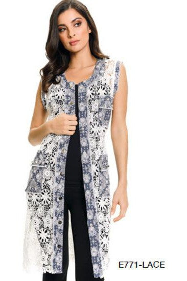 Adore Lace And Denim Long Vest-Outerwear-Adore-Deja Nu Boutique, Women's Fashion Boutique in Lampasas, Texas