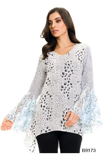 Adore Multi Colored Chiffon Top With Bell Sleeves-Tops-Adore-Deja Nu Boutique, Women's Fashion Boutique in Lampasas, Texas