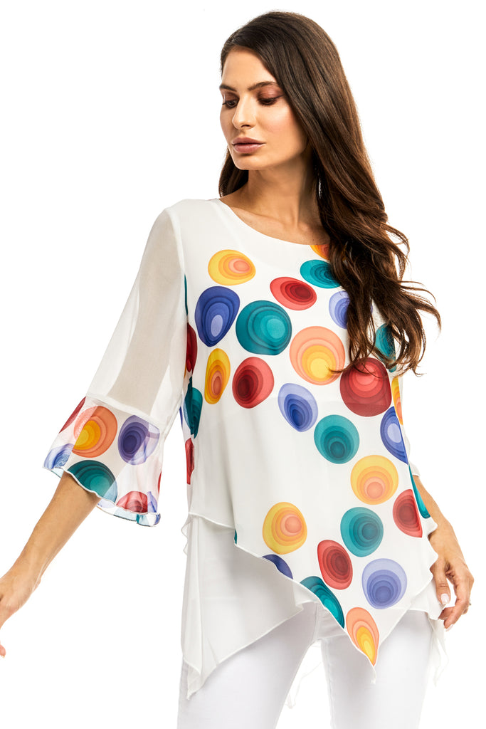 Adore White Chiffon Bright Multi Colored Dot Blouse-Tops-Adore-Deja Nu Boutique, Women's Fashion Boutique in Lampasas, Texas
