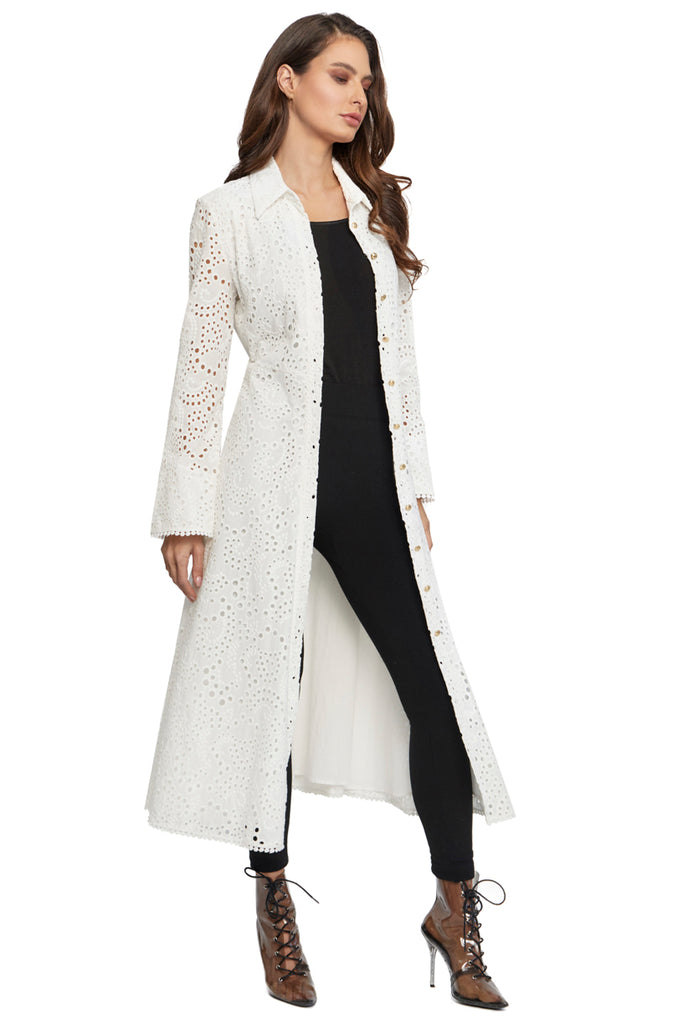 Adore White Eyelet Button Down Duster-Cardigans & Kimonos-Adore-Deja Nu Boutique, Women's Fashion Boutique in Lampasas, Texas