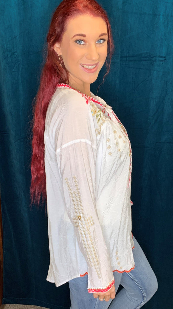 Adore White Multi Colored Dragonfly Embroidery Tunic-Tunics-Adore-Deja Nu Boutique, Women's Fashion Boutique in Lampasas, Texas