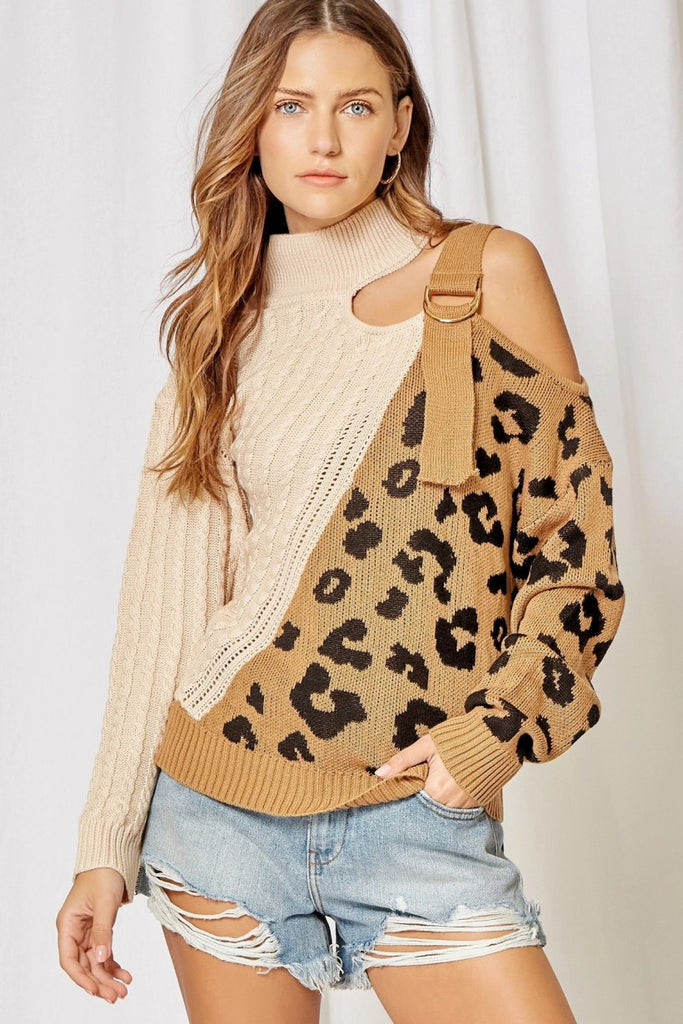 Andree By Unit Leopard Buckle Cold Shoulder Sweater-Sweaters-Andree By Unit-Deja Nu Boutique, Women's Fashion Boutique in Lampasas, Texas