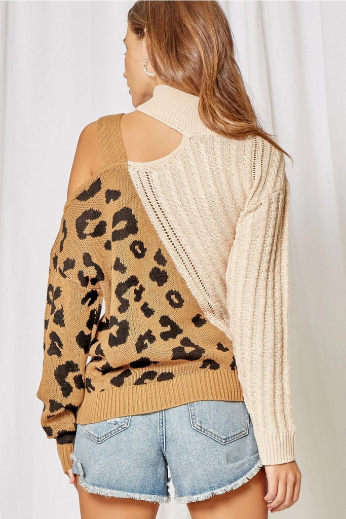 Andree By Unit Leopard Buckle Cold Shoulder Sweater-Sweaters-Andree By Unit-Deja Nu Boutique, Women's Fashion Boutique in Lampasas, Texas