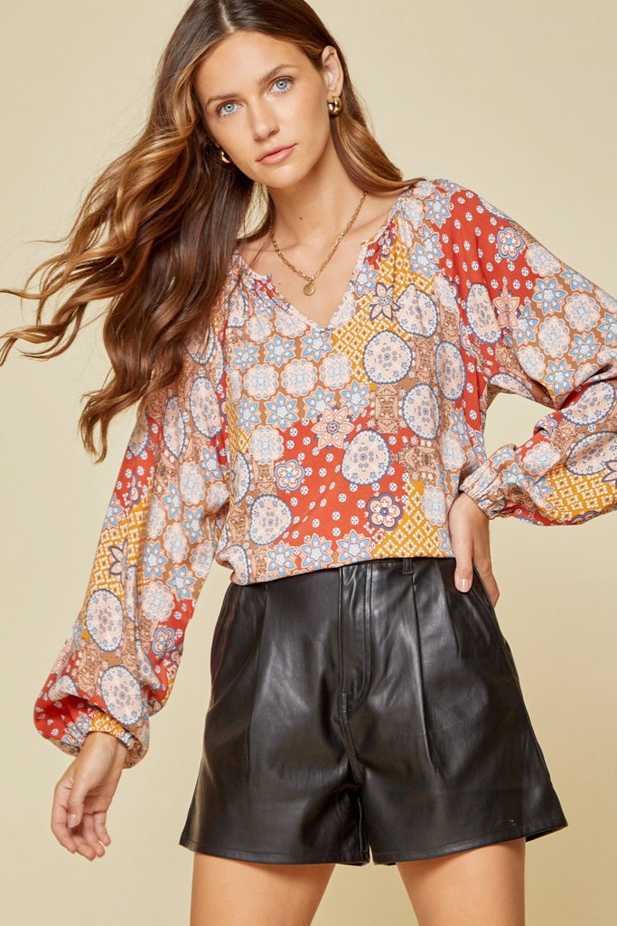 Andree By Unit Rust Retro Print Blouse-Tops-Andree By Unit-Deja Nu Boutique, Women's Fashion Boutique in Lampasas, Texas
