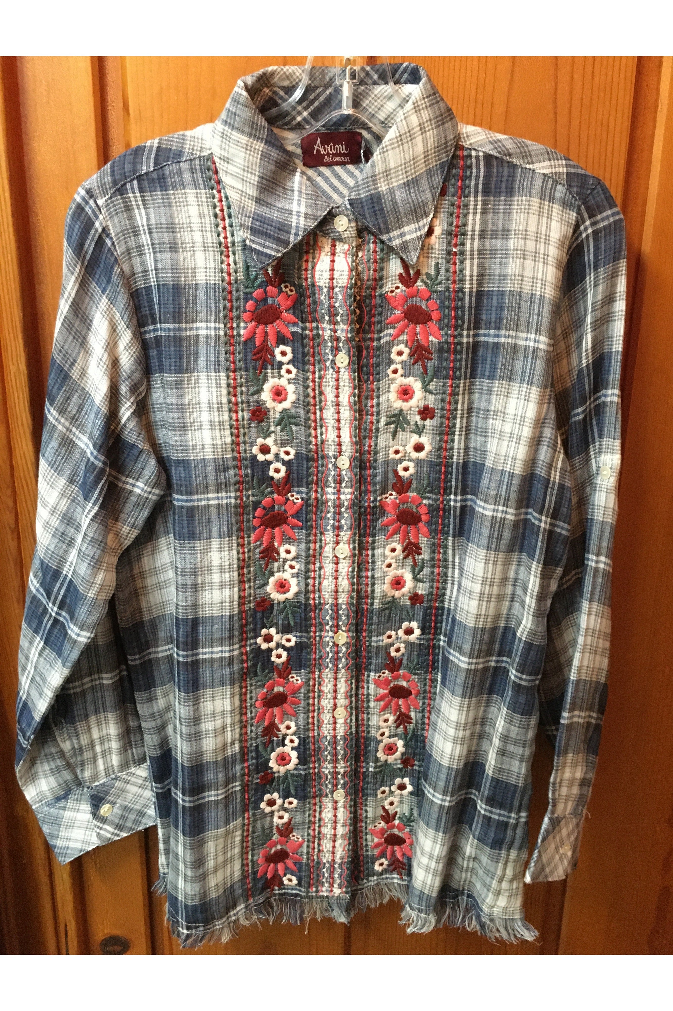 Avani del amour Blue Plaid And Floral Embroidery Shirt-Tops-Avani del amour-Deja Nu Boutique, Women's Fashion Boutique in Lampasas, Texas