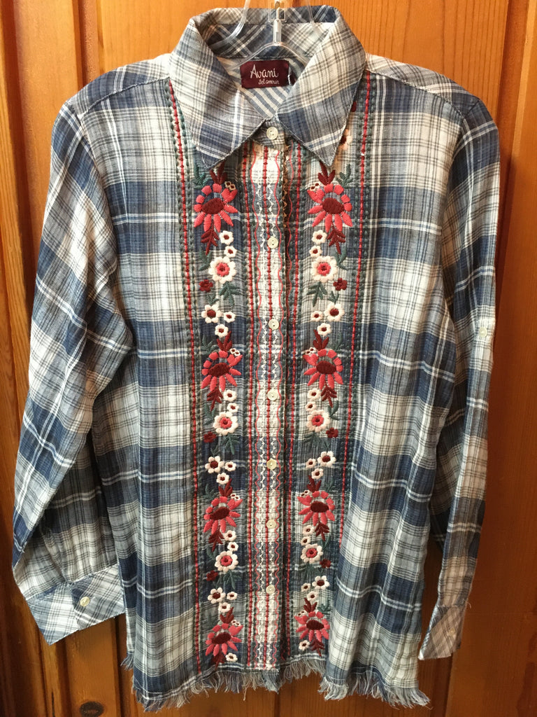 Avani del amour Blue Plaid And Floral Embroidery Shirt-Tops-Avani del amour-Deja Nu Boutique, Women's Fashion Boutique in Lampasas, Texas