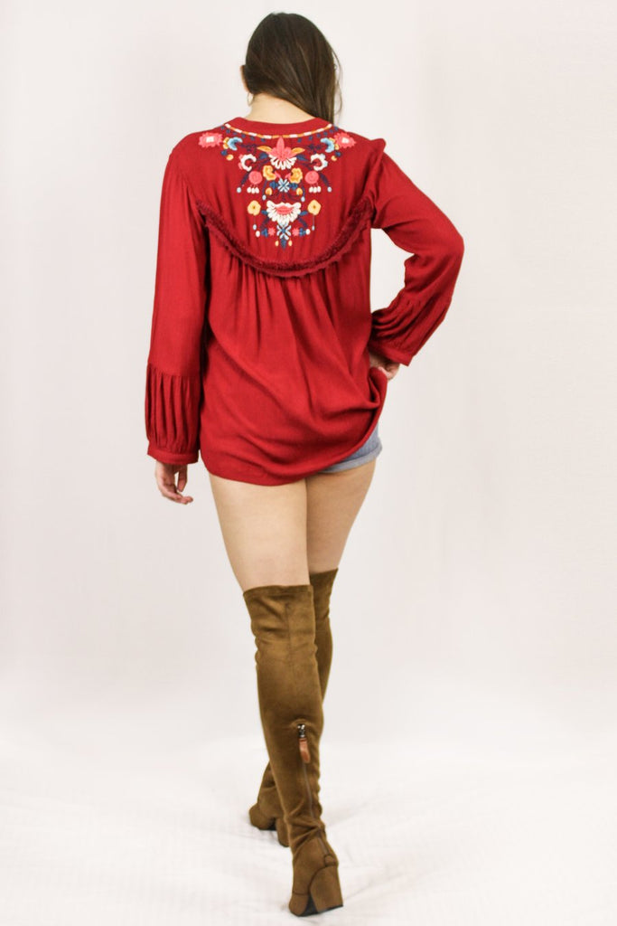 Avani del amour Red V Neck Embroidery Pullover-Sweaters-Avani del amour-Deja Nu Boutique, Women's Fashion Boutique in Lampasas, Texas