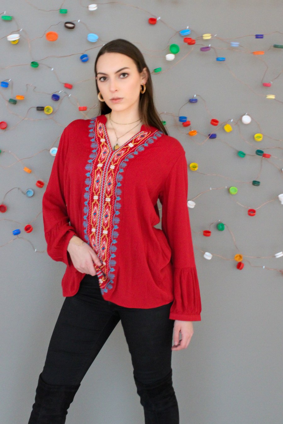 Avani del amour Red V Neck Embroidery Pullover-Sweaters-Avani del amour-Deja Nu Boutique, Women's Fashion Boutique in Lampasas, Texas