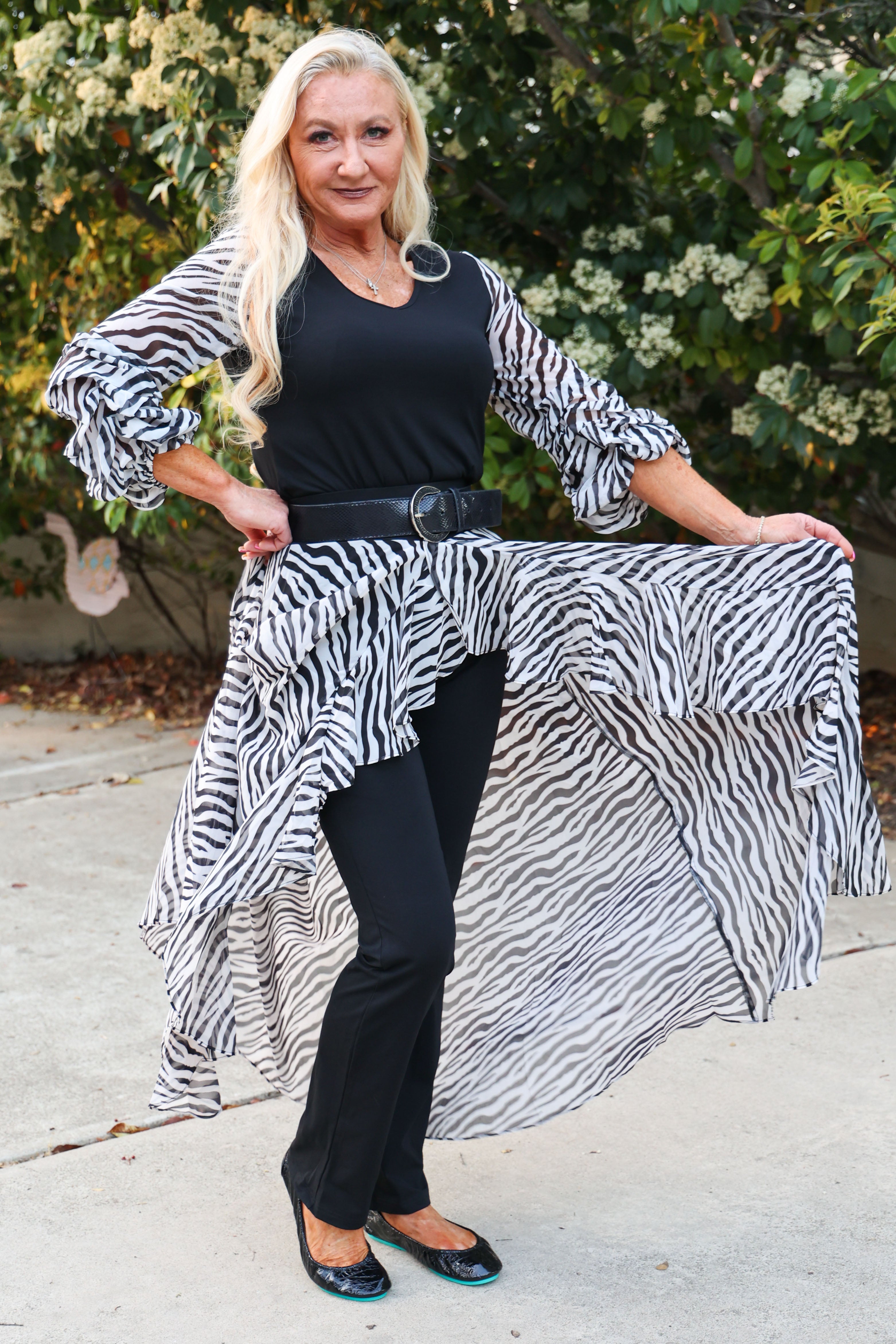 Azi Black Bodice V Neck Tunic With Zebra Print Sheer Sleeves-Tunics-AZI-Deja Nu Boutique, Women's Fashion Boutique in Lampasas, Texas