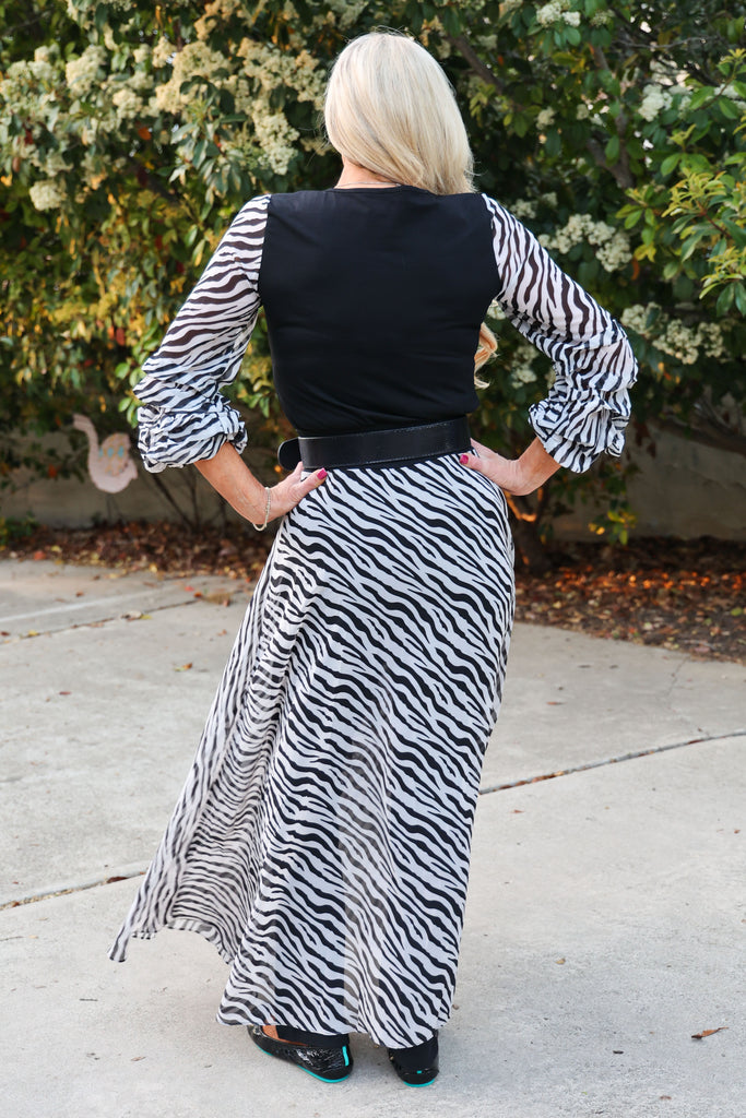 Azi Black Bodice V Neck Tunic With Zebra Print Sheer Sleeves-Tunics-AZI-Deja Nu Boutique, Women's Fashion Boutique in Lampasas, Texas