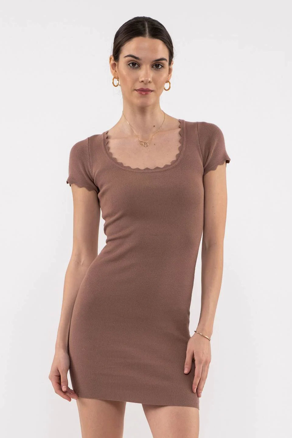 Blu Pepper Scallop Edge Knit Mini Dress In Mocha-Dresses-Blu Pepper-Deja Nu Boutique, Women's Fashion Boutique in Lampasas, Texas