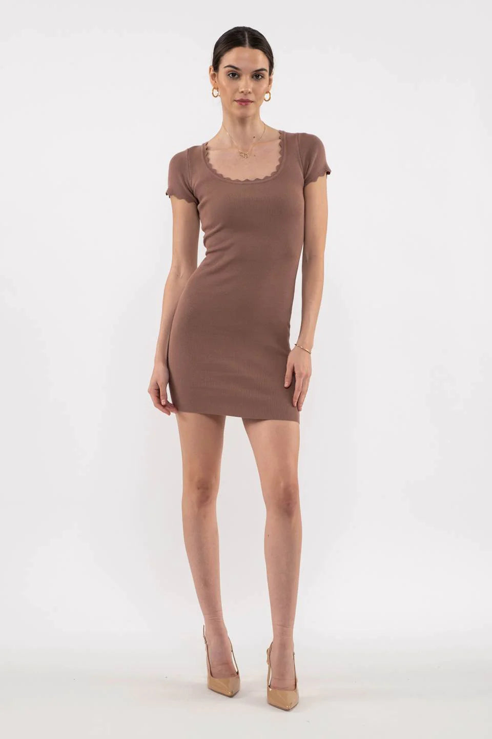 Blu Pepper Scallop Edge Knit Mini Dress In Mocha-Dresses-Blu Pepper-Deja Nu Boutique, Women's Fashion Boutique in Lampasas, Texas