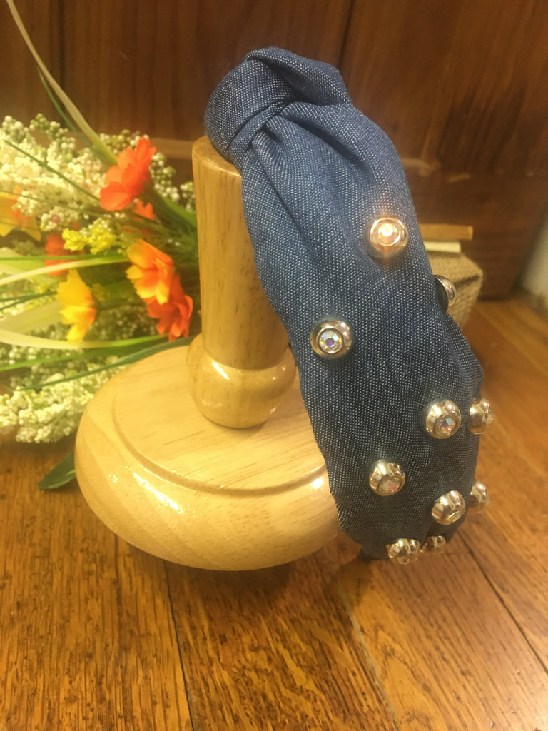 Blue Denim Headband With Rhinestones-Scrunchies & Headbands-Deja Nu Tx-Deja Nu Boutique, Women's Fashion Boutique in Lampasas, Texas
