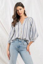 Blu pepper Navy Striped Three Fourths Sleeve Top-Short Sleeves-Blu Pepper-Deja Nu Boutique, Women's Fashion Boutique in Lampasas, Texas