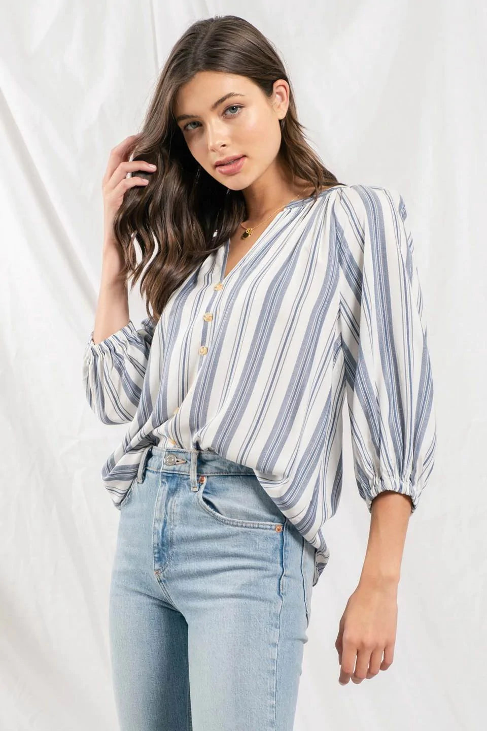 Blu pepper Navy Striped Three Fourths Sleeve Top-Short Sleeves-Blu Pepper-Deja Nu Boutique, Women's Fashion Boutique in Lampasas, Texas