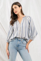 Blu pepper Navy Striped Three Fourths Sleeve Top-Short Sleeves-Blu Pepper-Deja Nu Boutique, Women's Fashion Boutique in Lampasas, Texas