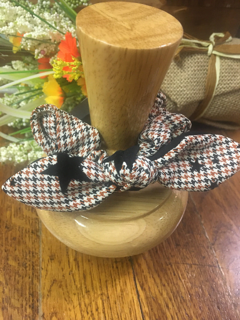 Brown Plaid Scrunchie With Center Bow And Stars-Scrunchies & Headbands-Deja Nu Tx-Deja Nu Boutique, Women's Fashion Boutique in Lampasas, Texas