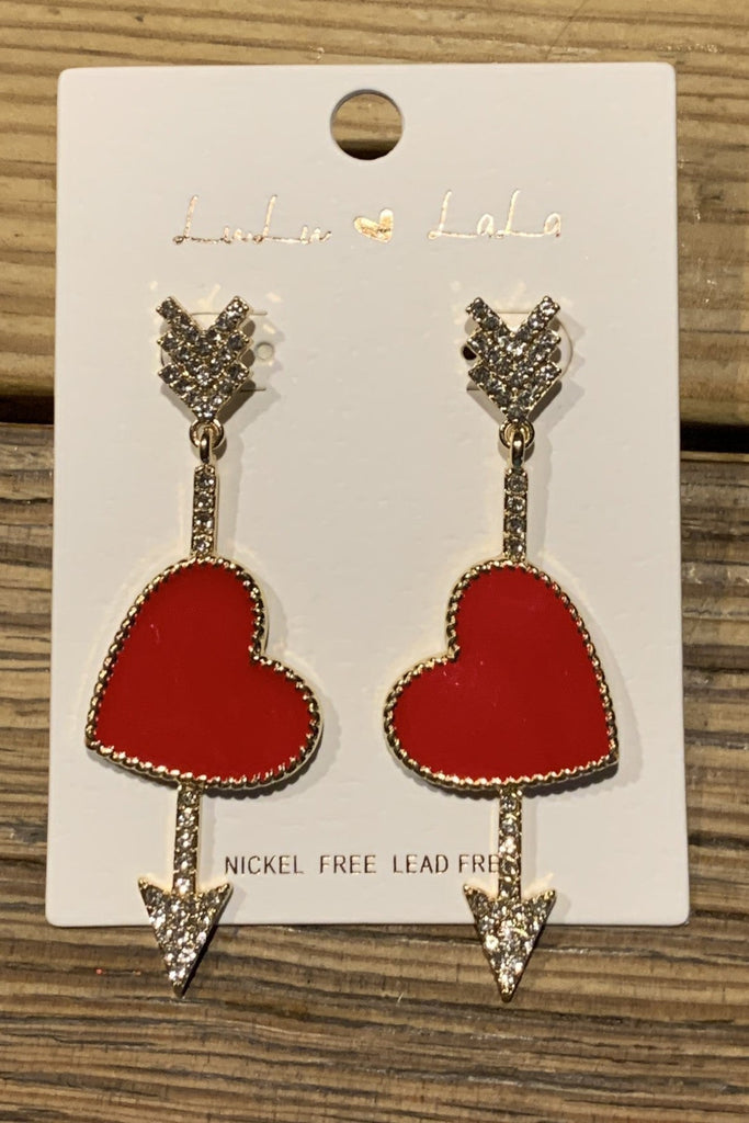 Cupids Bow And Arrow Red Heart And Rhinestone Arrow Earrings-Earrings-Deja Nu Tx-Deja Nu Boutique, Women's Fashion Boutique in Lampasas, Texas