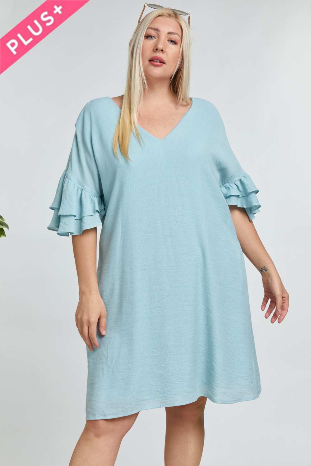 Davi And Dani Blue Open Back Ruffle Sleeve Plus Dress-Curvy/Plus Short Dresses-Davi and Dani-Deja Nu Boutique, Women's Fashion Boutique in Lampasas, Texas